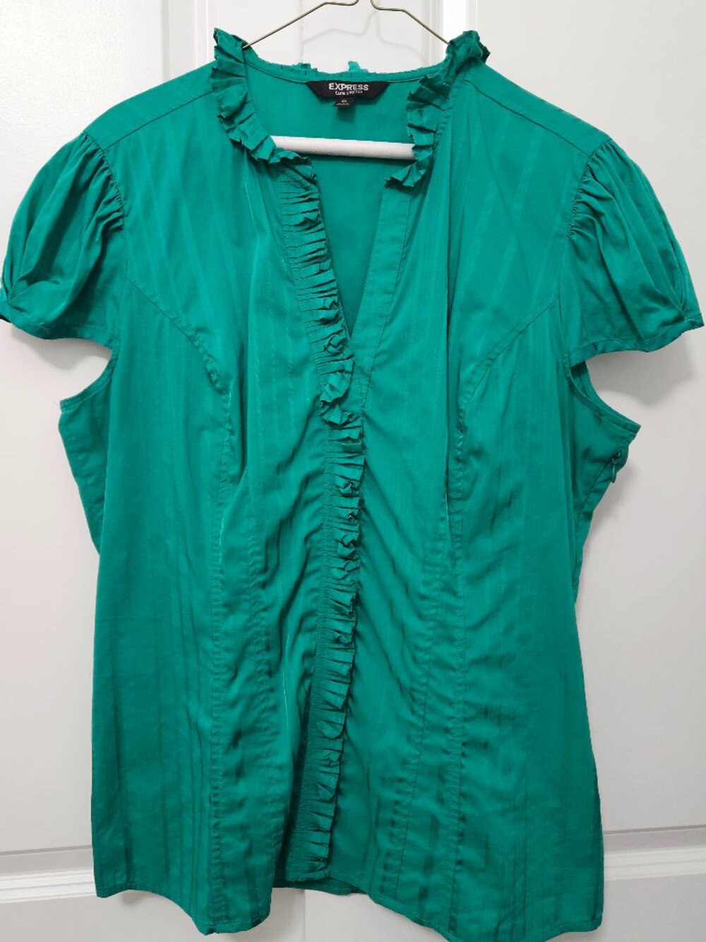 Express Women's Emerald Green Ruffle Cap Sleeve Blouse Cotton Stretch Size XL